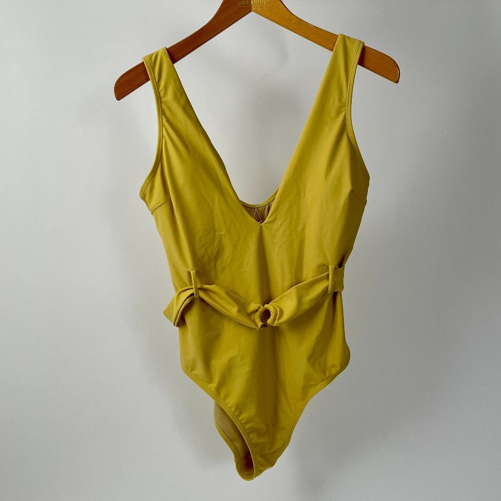 NWT Cupshe Yellow Deep V Belted One Piece Bathing Swim Suit, Size L